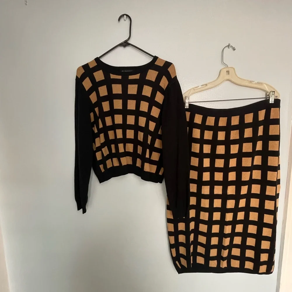 Eloquii Black and Tan Checkered Sweater Skirt Set - Picture 2 of 5